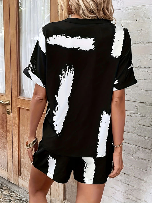 Brush Pattern Batwing Sleeve Top And Shorts Temperament Leisure Beautiful Suit