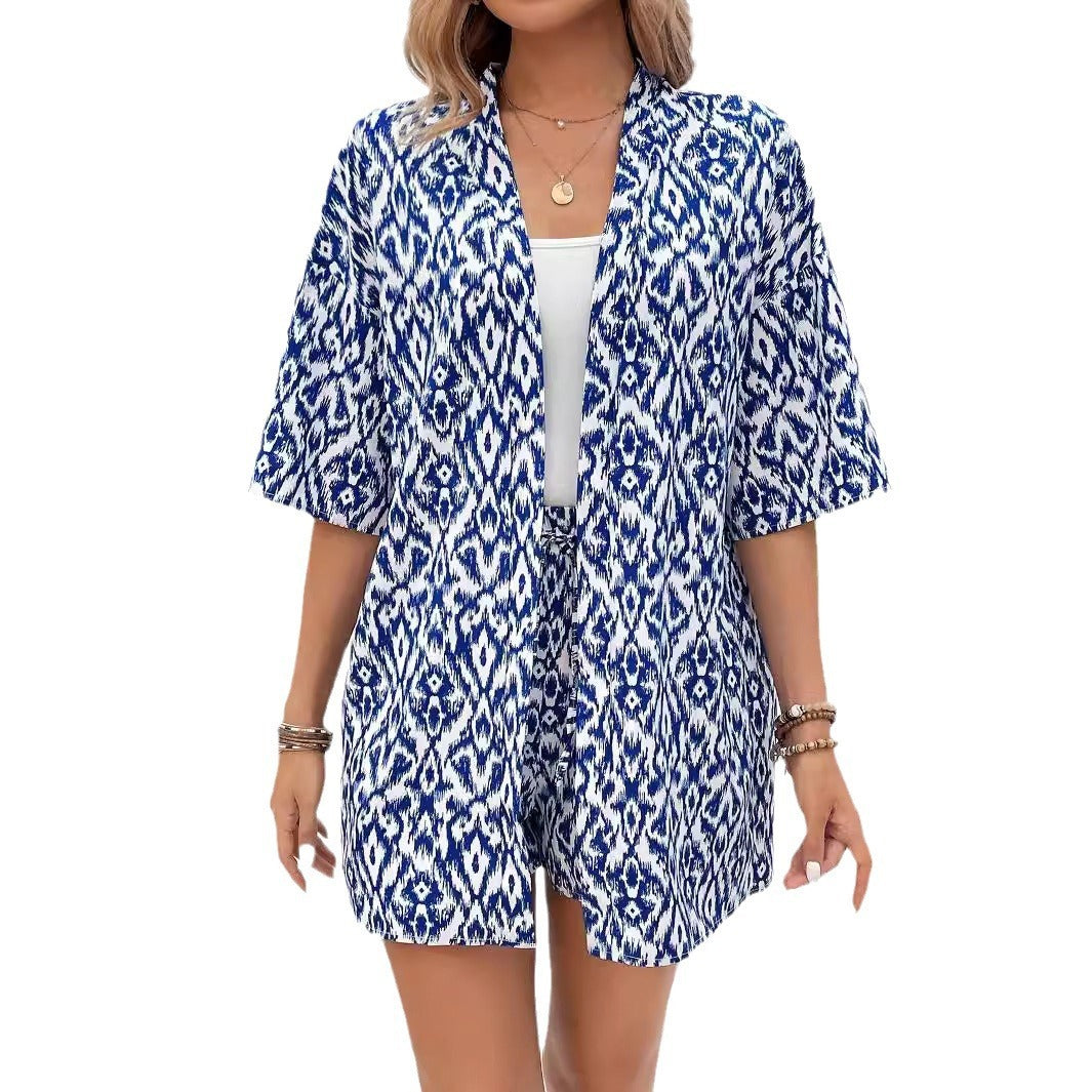 loose Print Cardigan Suit