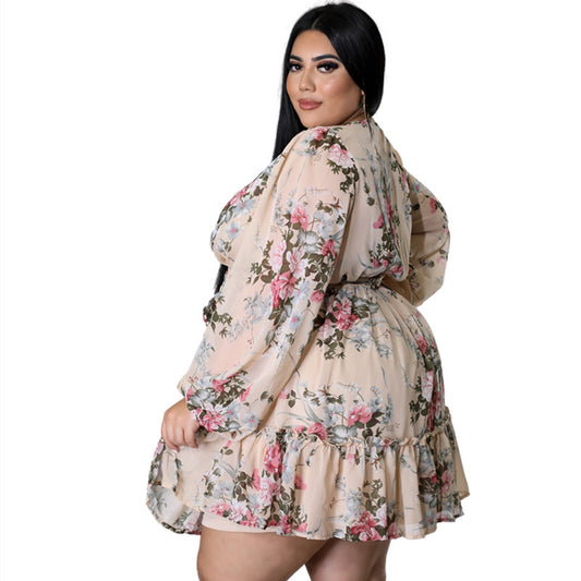 Plus Size Women Flower Print, Long Sleeve Dress
