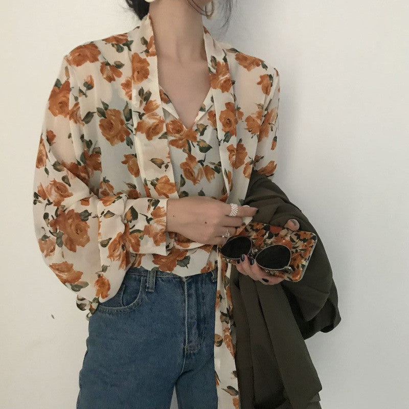 Women Retro Floral Chic Chiffon Spring Fall Fashion Lace-up Design Soft Female Shirts Top Ins