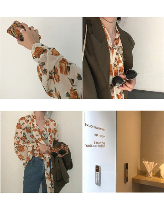 Women Retro Floral Chic Chiffon Spring Fall Fashion Lace-up Design Soft Female Shirts Top Ins