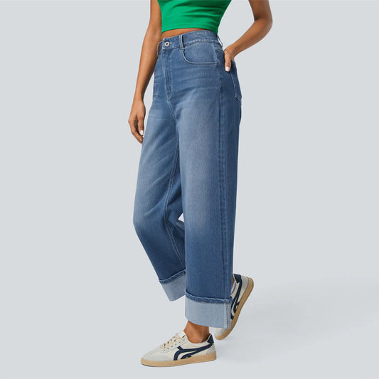 High-waisted Trousers-foot Curling Straight Jeans