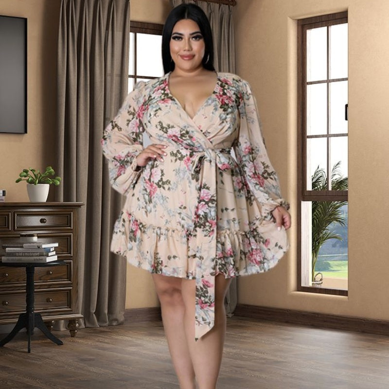 Plus Size Women Flower Print, Long Sleeve Dress