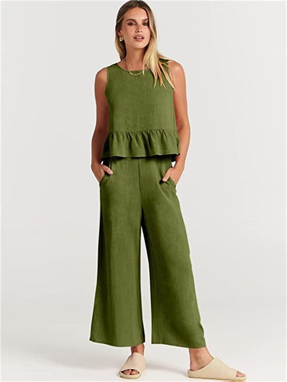 Casual fit Summer Sleeveless Pleated Vest And Wide-leg Cropped Pants Two Piece Sets