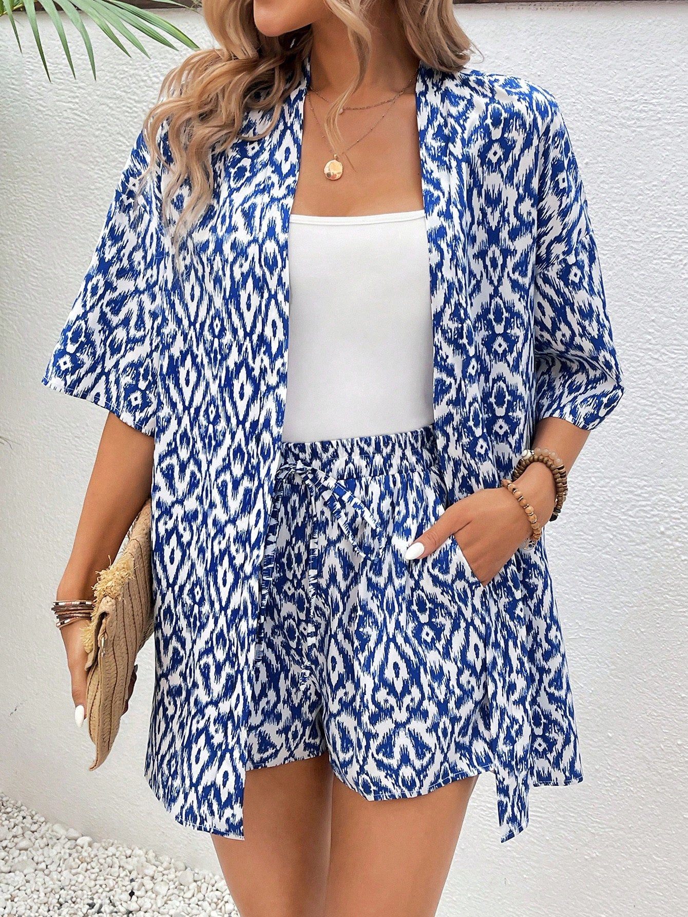 loose Print Cardigan Suit