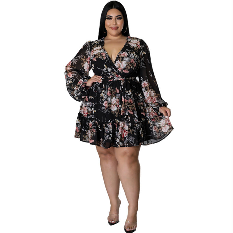 Plus Size Women Flower Print, Long Sleeve Dress