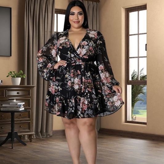 Plus Size Women Flower Print, Long Sleeve Dress