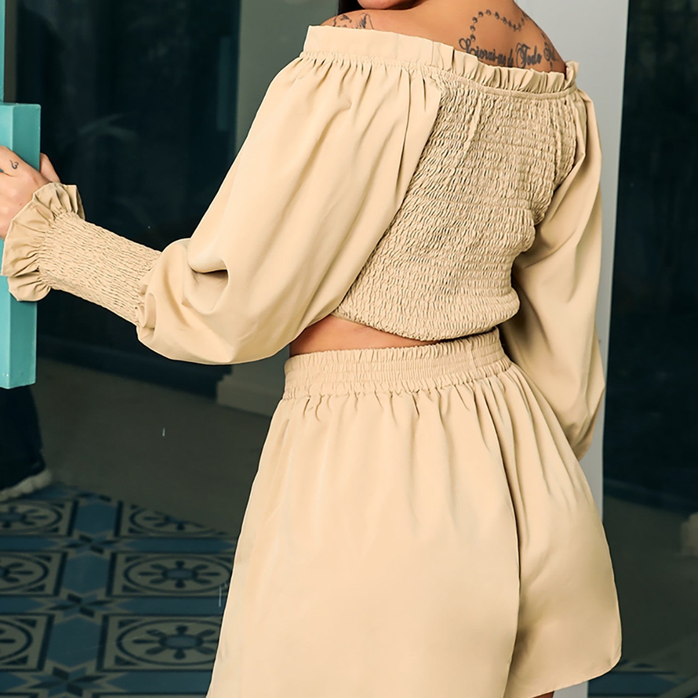 Coffee Pleating Strap outfit set