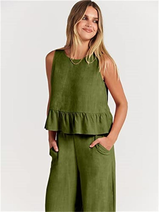 Casual fit Summer Sleeveless Pleated Vest And Wide-leg Cropped Pants Two Piece Sets