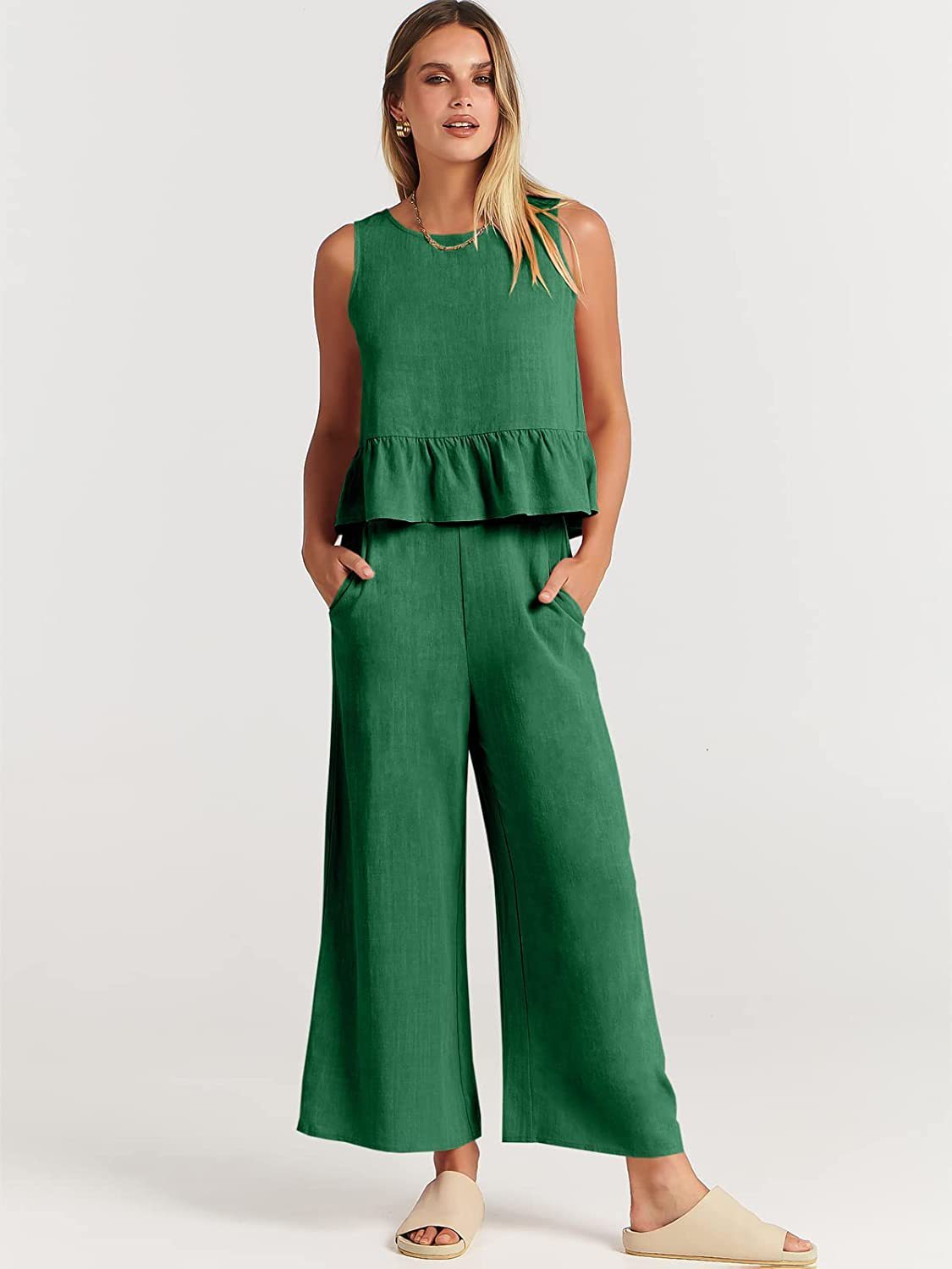 Casual fit Summer Sleeveless Pleated Vest And Wide-leg Cropped Pants Two Piece Sets