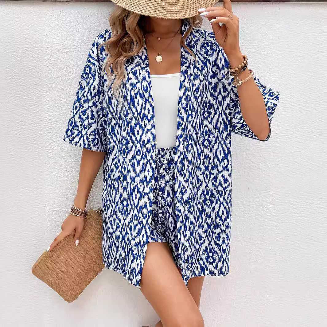 loose Print Cardigan Suit