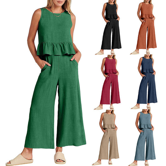 Casual fit Summer Sleeveless Pleated Vest And Wide-leg Cropped Pants Two Piece Sets