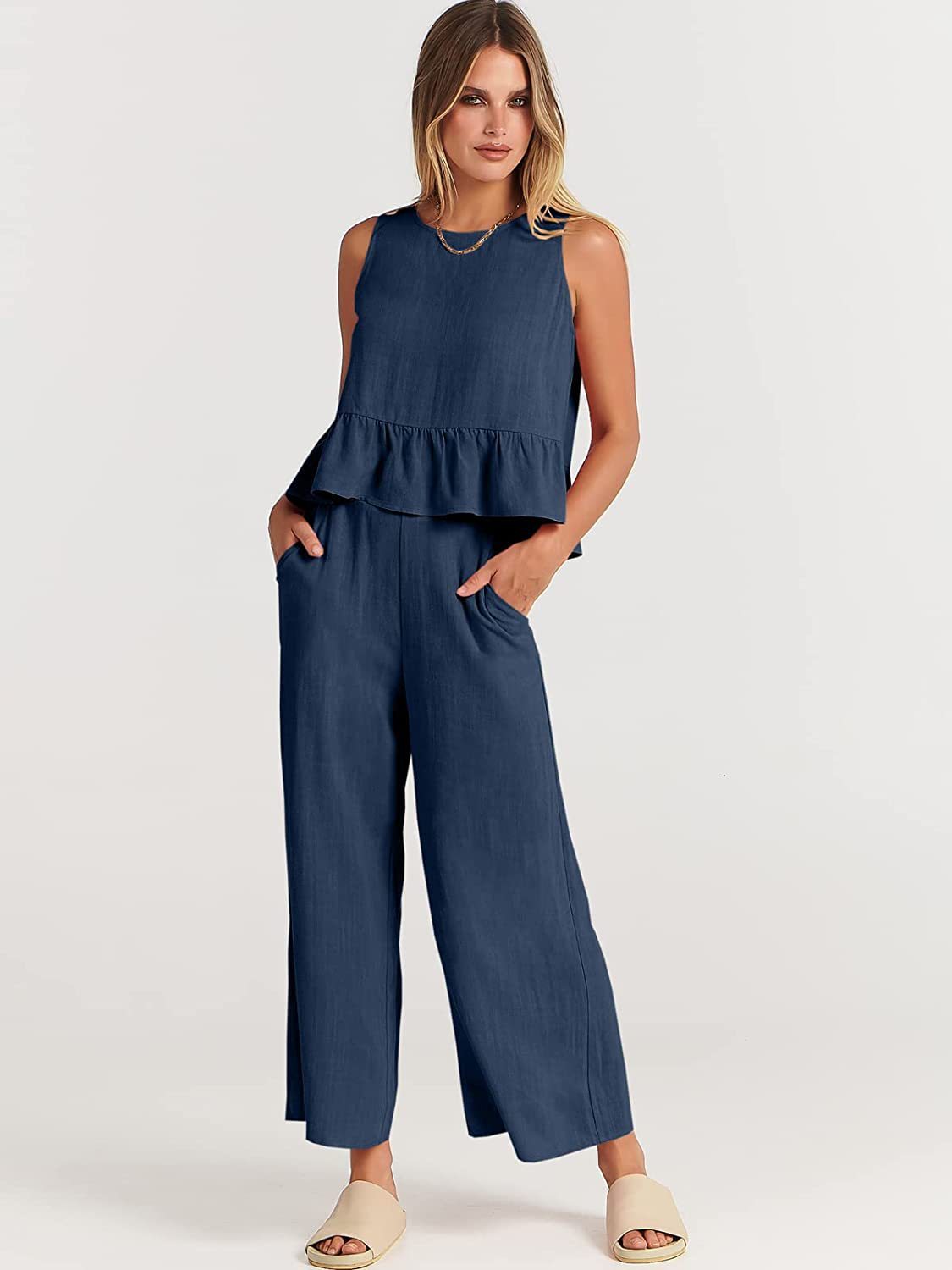 Casual fit Summer Sleeveless Pleated Vest And Wide-leg Cropped Pants Two Piece Sets